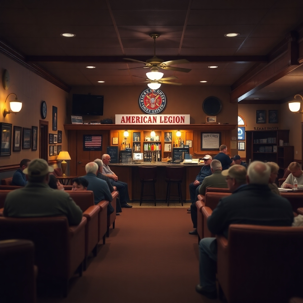 A warm, inviting interior of the American Legion post, with comfortable seating, a well-stocked bar, and veterans engaged in conversation and games. Soft, ambient lighting. 4K resolution.