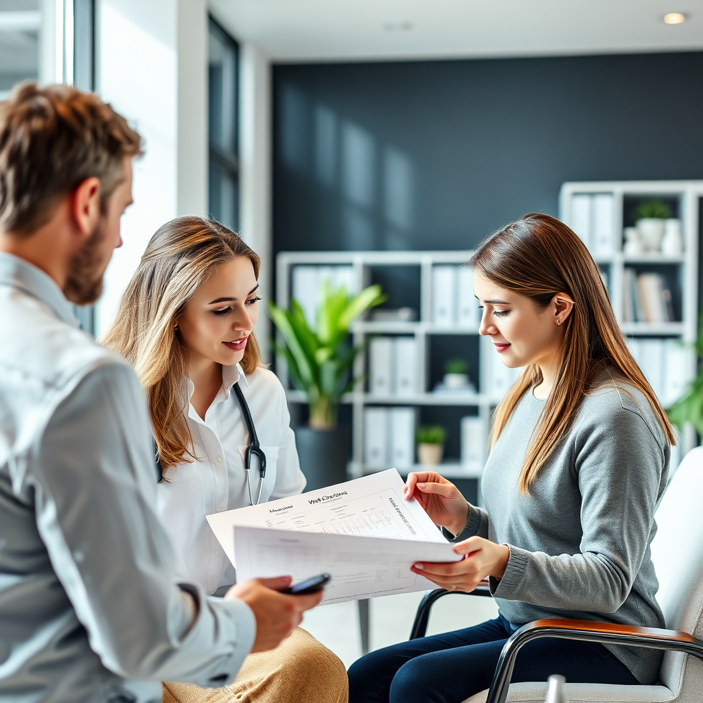 A wellness consultant reviewing a chart with a client. Modern, bright office setting, conveying professionalism and personalization. 4K resolution.