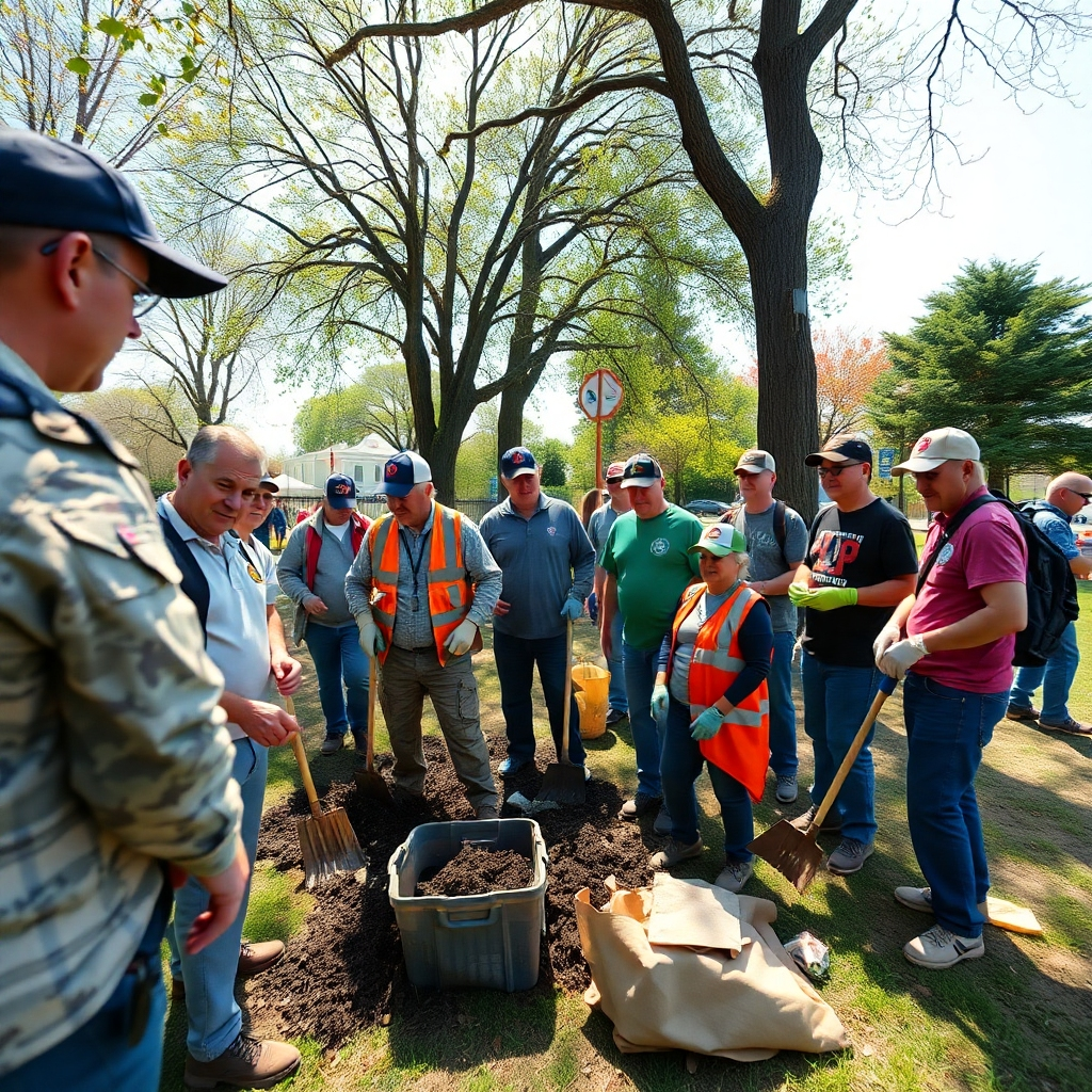 A wide-angle shot capturing a group of veterans participating in a community service project, such as cleaning a park or volunteering at a local event. Emphasize teamwork and collaboration. Natural lighting, 4K resolution.