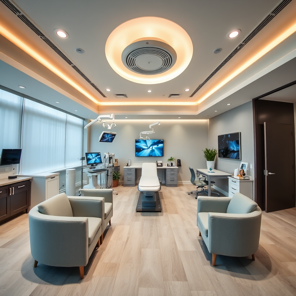 A wide-angle shot showcasing the modern and sophisticated interior of The Venue At Victory Court. Highlight the advanced equipment and the tranquil atmosphere, with soft lighting, comfortable furnishings, and calming décor. Focus on the cleanliness and the state-of-the-art feel of the facility, emphasizing its commitment to patient comfort and advanced technology.