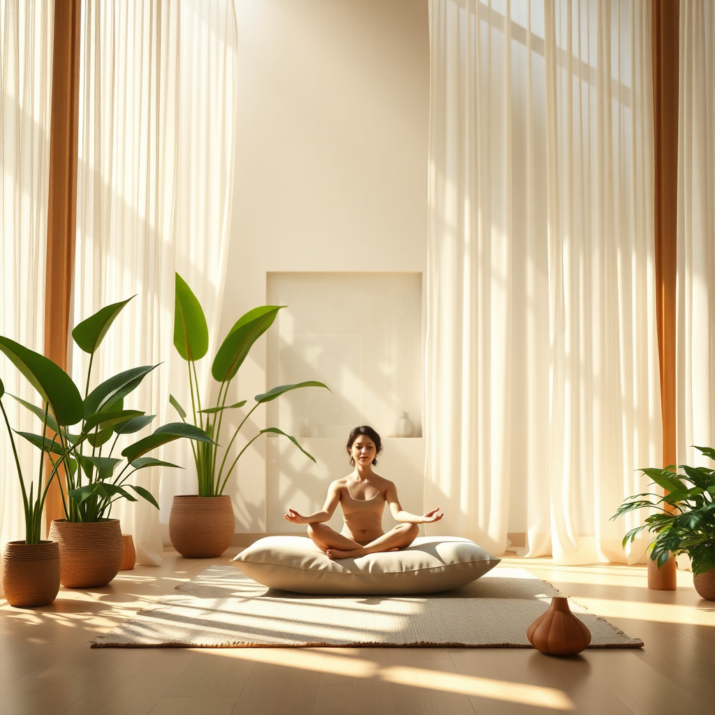 An 8K resolution, hyperrealistic image of "The Venue At Victory Court." The scene depicts a serene, sun-drenched indoor space resembling a modern spa or wellness center. Soft, diffused sunlight streams through sheer curtains, illuminating lush green plants and natural wood accents. In the center, a person is meditating peacefully on a comfortable cushion, radiating tranquility. The color palette is warm and inviting, with earth tones, gentle greens, and touches of gold. The camera angle is slightly low, emphasizing the height and spaciousness of the venue. Texture details are meticulously rendered, capturing the softness of the fabrics, the smoothness of the wood, and the delicate veins of the leaves. Incorporate elements like aromatherapy diffusers and natural crystals to enhance the sense of holistic wellness. The style should evoke a sense of calm, balance, and natural beauty, similar to the interior design of a high-end wellness retreat.
