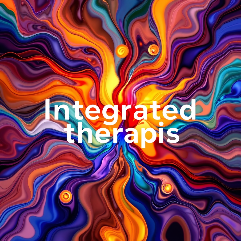 An abstract image representing the concept of integrated therapies, showcasing interconnected elements blending seamlessly together. Use vibrant colors and fluid shapes to convey the idea of synergy and harmony. The overall effect should be visually stimulating and evocative of healing and well-being.