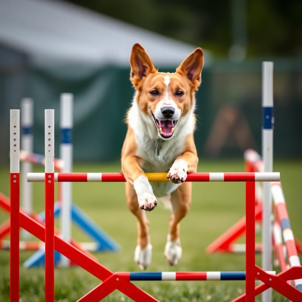 An action shot of a dog confidently navigating an agility course, jumping over hurdles and weaving through poles. Use dynamic composition and vibrant colors to convey the excitement and athleticism of agility training.
