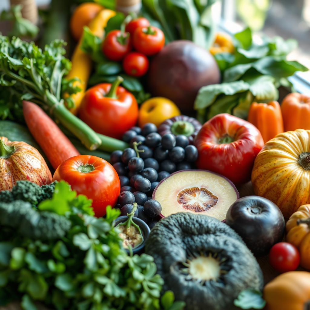 An image featuring a variety of fresh, colorful fruits and vegetables arranged in an appealing and nutritious display. The scene should convey a sense of health, vitality, and abundance. Utilize natural lighting and a close-up perspective to highlight the vibrant colors and textures of the ingredients. Style reference: Food photography with a focus on health and wellness.