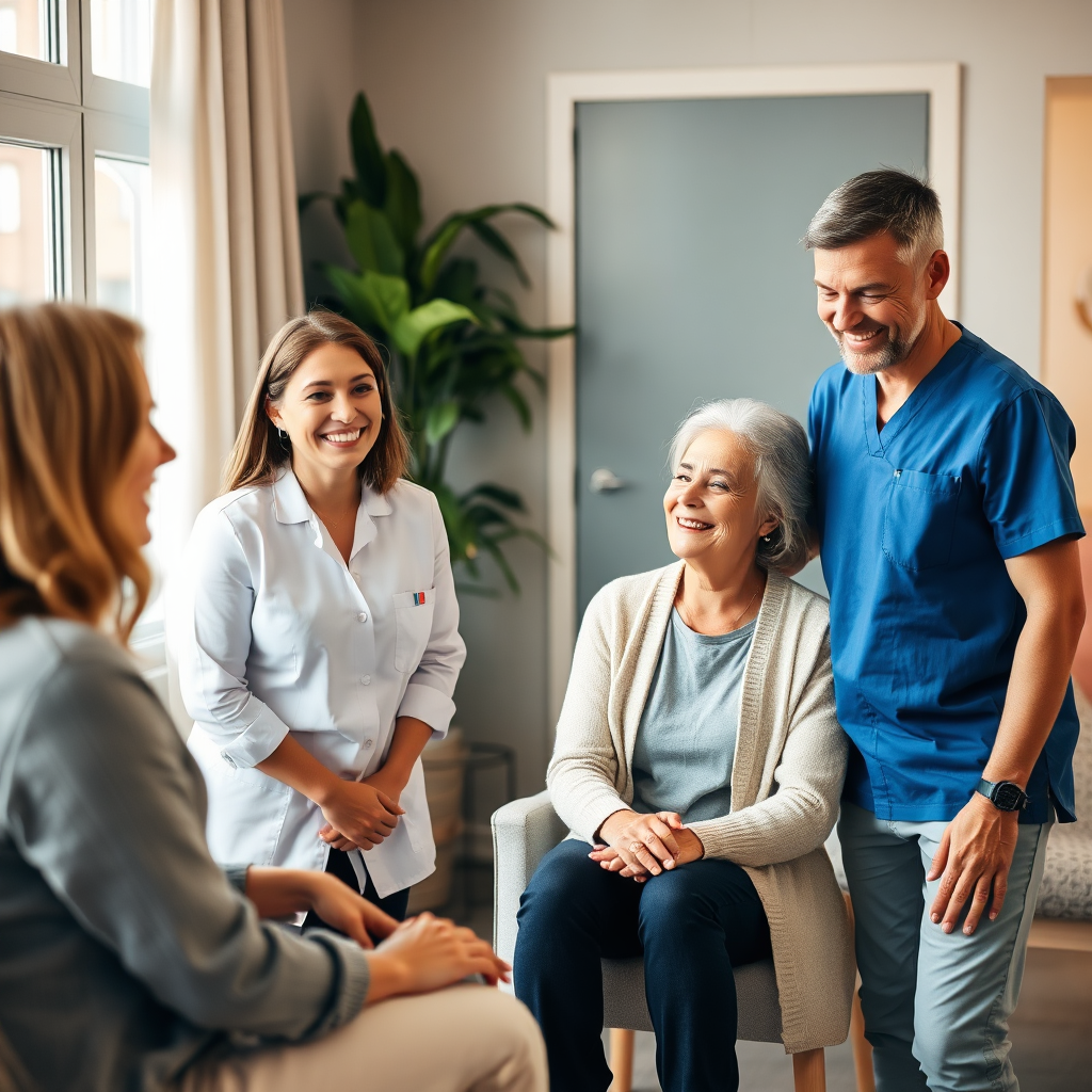 An image of a friendly and supportive team of therapists interacting with a client in a welcoming and professional setting. Focus on conveying a sense of empathy and trust, with genuine smiles and attentive body language. Utilize warm lighting and a slightly elevated camera angle to create a sense of approachability and expertise.