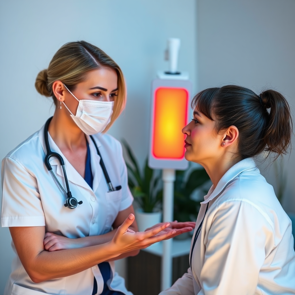 An image of a health professional consulting with a client about red light therapy. The lighting is professional and supportive. Style reference: Medical consultation photography.
