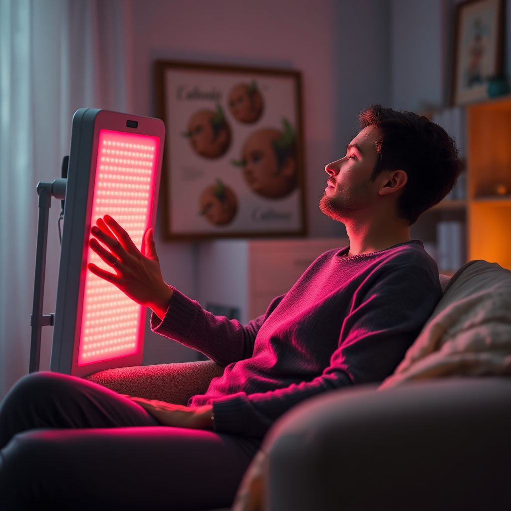 An image of a person comfortably using a red light therapy panel in their home. The room is softly lit and calming. Style reference: Cozy lifestyle photography.