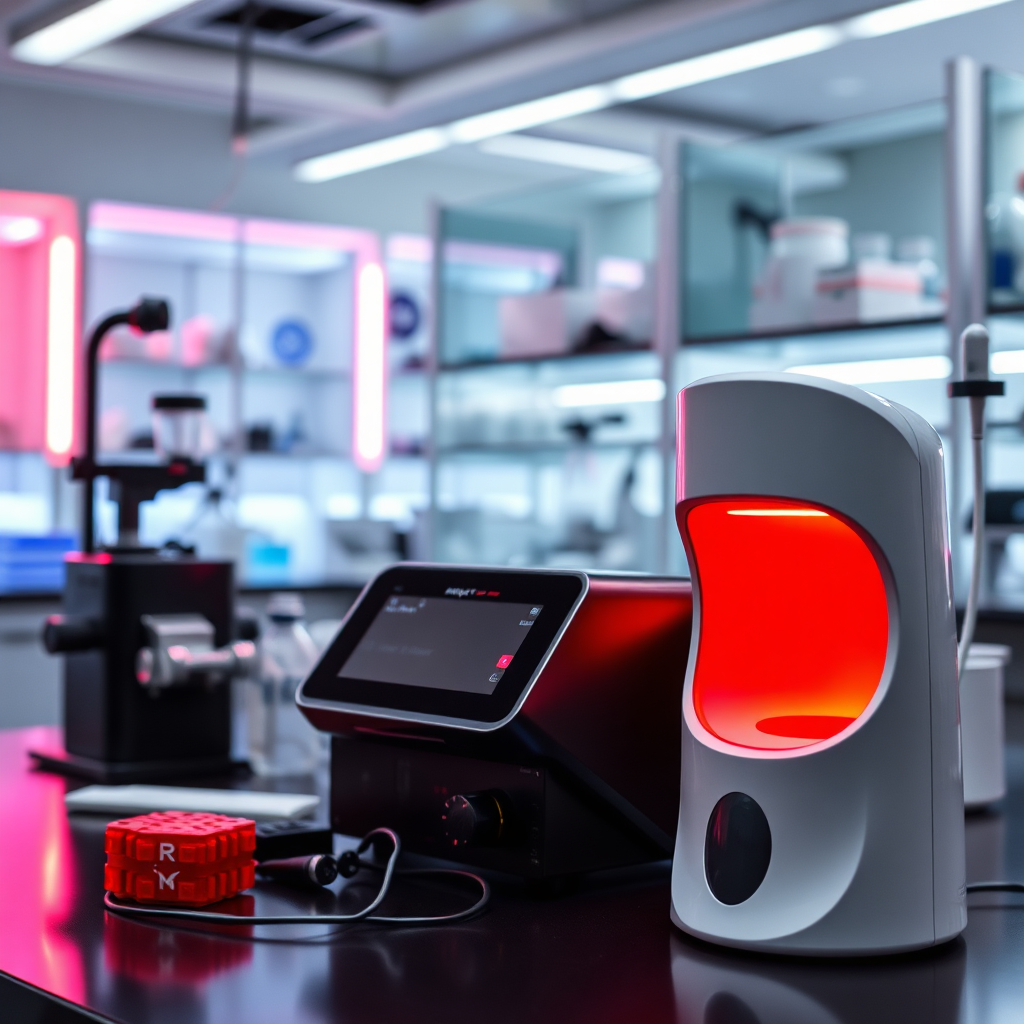 An image showcasing a lab setting with scientific equipment and a red light therapy device. The lighting is professional and precise. Style reference: Scientific photography.