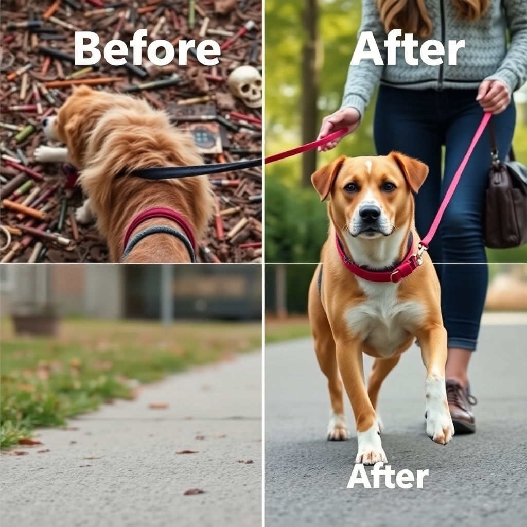 Before and After. The 'before' shows a photorealistic, somewhat chaotic scene of a dog pulling on a leash. The 'after' displays a calm dog walking loosely with its owner. The visual contrast emphasizes training's effectiveness. Use brighter colors in the 'after' image. Camera angle: ground level, to show the strain on the leash. Style reference: Demonstrative and instructive.