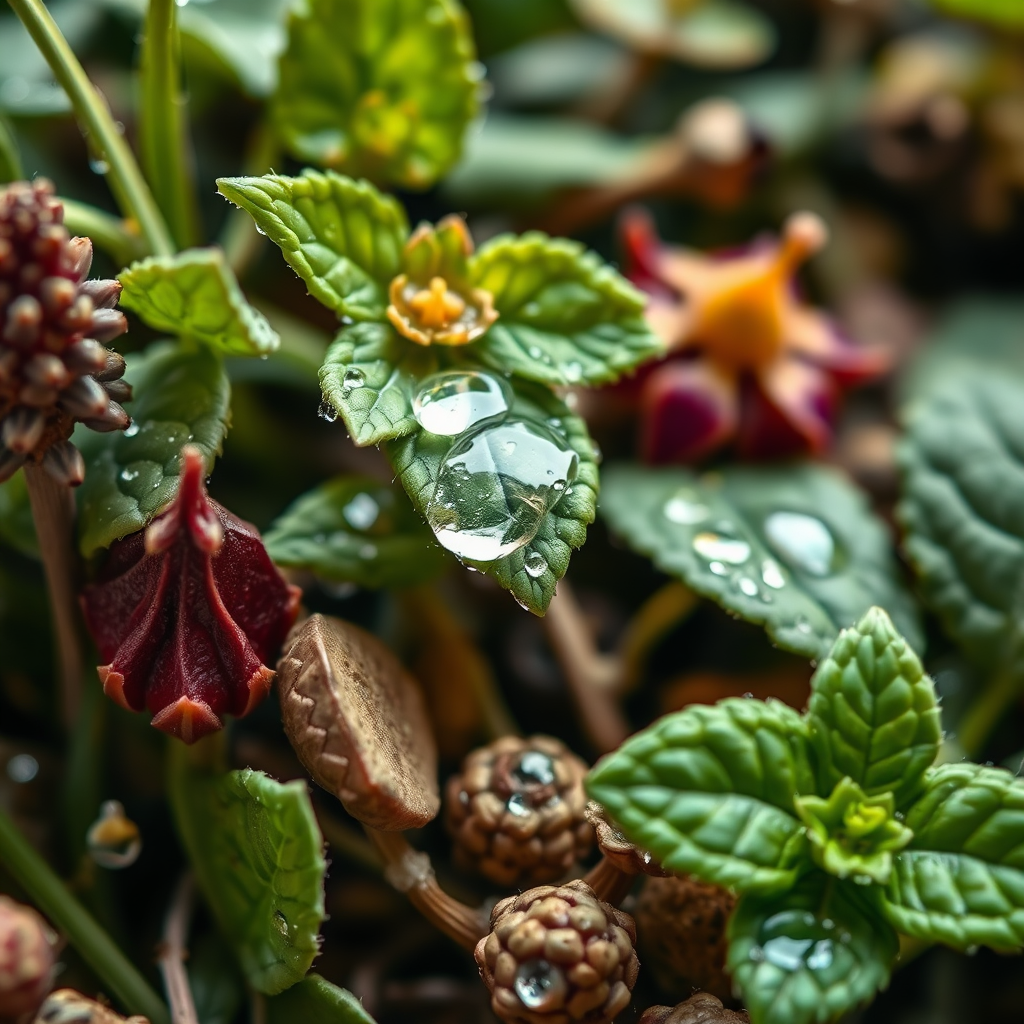 Close-up shot of various medicinal herbs and plants with dew drops on their leaves. Soft, natural lighting, showcasing the intricate details of the plants. 4K resolution.