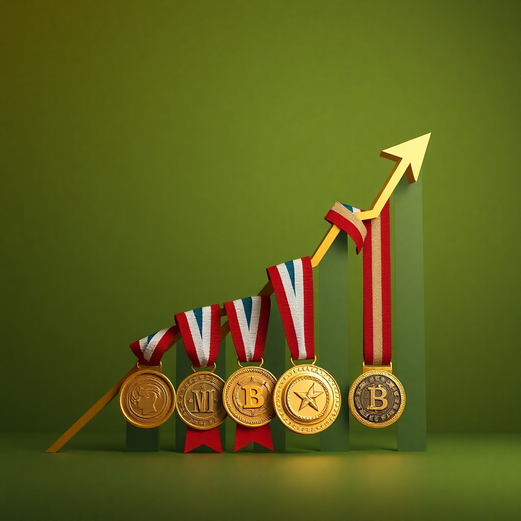 Create a 4K resolution image of a stylized, upward-trending graph made of military medals and ribbons. The background is a muted green, representing the military, while the graph is gold and bronze, signifying success and achievement. The lighting is soft and warm, providing a sense of hope and accomplishment. The camera angle should be slightly elevated, looking down on the graph to emphasize the upward trend.  The image must have a clean and professional look, emphasizing growth and success.  The style is a mixture of realism (medals) and graphic design (graph).