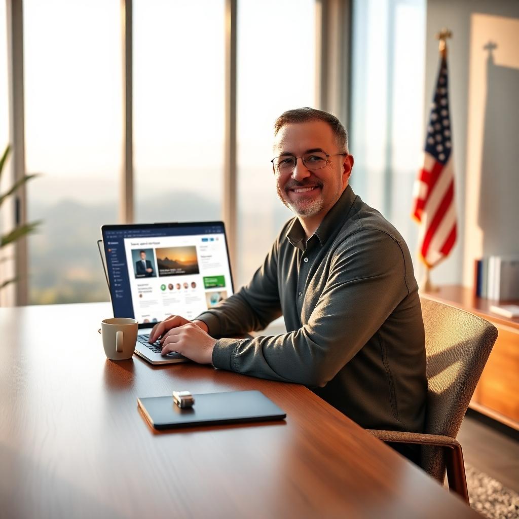 Create a photorealistic, ultra-high-quality 8K resolution image.  The image should depict a hyperrealistic scene of a successful military veteran sitting at a sleek, modern desk in a home office.  The background should be softly blurred, showcasing a view of a picturesque landscape from a large window, hinting at freedom and new beginnings. The veteran should be smiling confidently, looking at a laptop displaying a successful blog dashboard.  Props such as a neatly organized desk with a coffee cup, a US military flag subtly in the background, and a few relevant books can be included. The color palette should be warm and inviting, with natural light streaming in from the window, creating a soft, even lighting. The camera angle should be a slightly elevated perspective, making the veteran appear confident and successful. The style should evoke a sense of calm, productivity, and achievement, inspiring viewers with the possibility of a successful transition. The overall texture should be highly detailed and realistic, showing the smooth laptop screen, the coarse texture of the wooden desk, and the subtle wrinkles in the veteran's clothing.  Reference images for style: modern minimalist office, successful entrepreneur portrait.  The image must be hyperrealistic, with attention to fine detail like reflections and subtle light play.