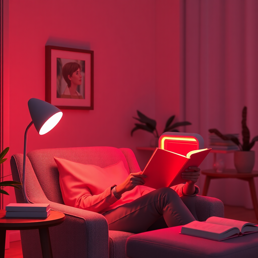 A photorealistic, ultra-high-quality 8K image showcasing the integration of red light therapy into daily life. The scene depicts a modern, minimalist living space bathed in the soft glow of red light emanating from a sleek, portable red light therapy device. A person is comfortably seated, reading a book while receiving therapy. The lighting should be warm and inviting, highlighting the subtle details of the device and the relaxed atmosphere. The color palette consists of warm reds, oranges, and neutral tones. Camera angle: slightly low, angled up to emphasize the person and the device within the environment. Textures should be hyperrealistic, capturing the fine details of skin, fabric, and device materials. Props include a comfortable chair, a book, and a side table. Style reference: Scandinavian minimalism with a touch of futuristic technology.