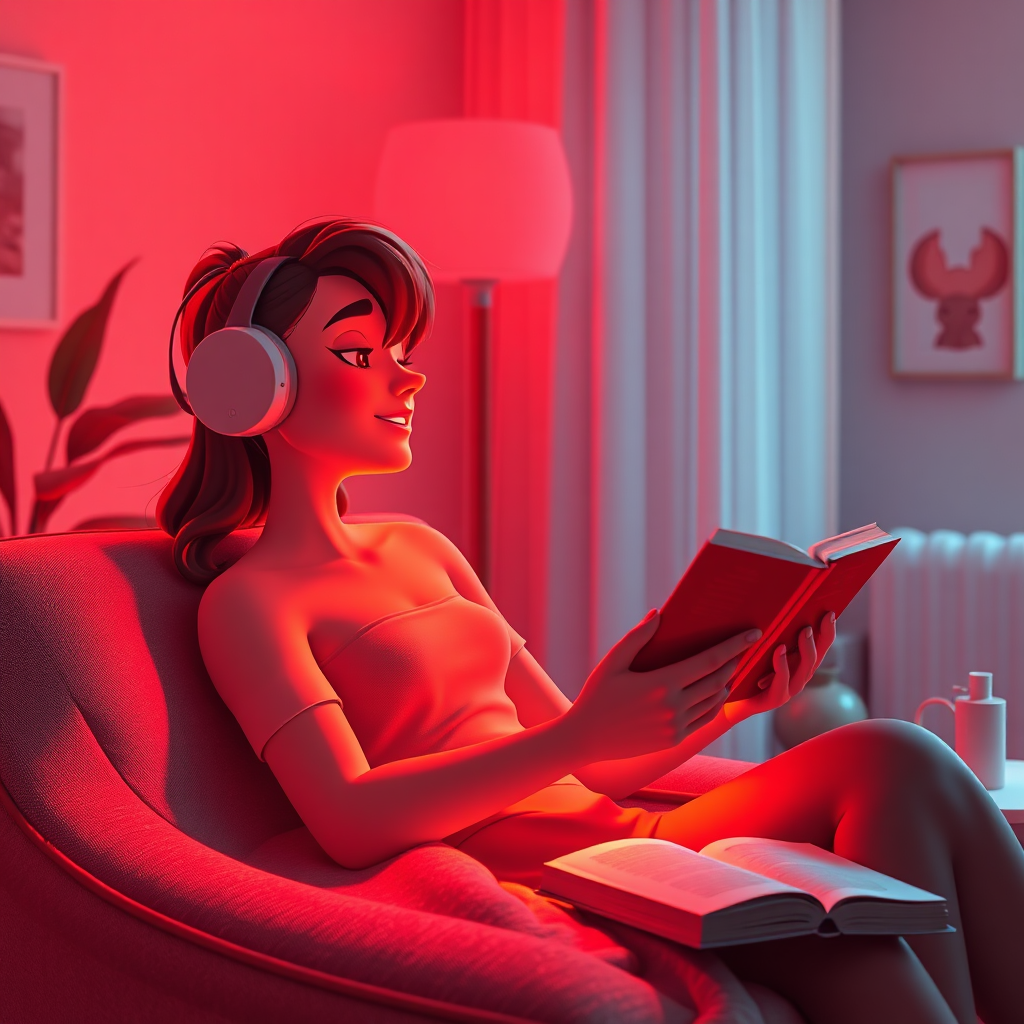 A photorealistic, ultra-high-quality 8K image showcasing the integration of red light therapy into daily life. The scene depicts a modern, minimalist living space bathed in the soft glow of red light emanating from a sleek, portable red light therapy device. A person is comfortably seated, reading a book while receiving therapy. The lighting should be warm and inviting, highlighting the subtle details of the device and the relaxed atmosphere. The color palette consists of warm reds, oranges, and neutral tones. Camera angle: slightly low, angled up to emphasize the person and the device within the environment. Textures should be hyperrealistic, capturing the fine details of skin, fabric, and device materials. Props include a comfortable chair, a book, and a side table. Style reference: Scandinavian minimalism with a touch of futuristic technology.
