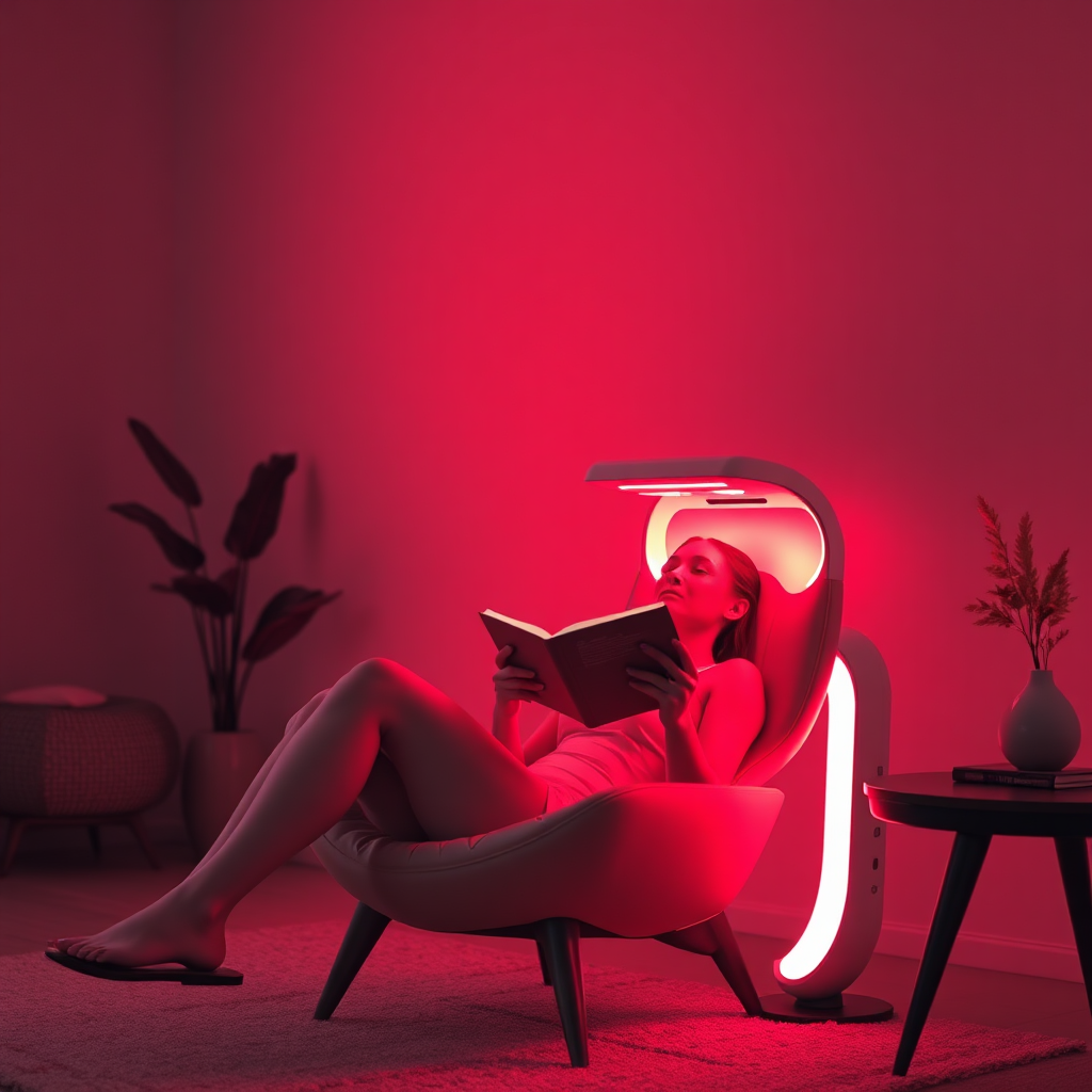 A photorealistic, ultra-high-quality 8K image showcasing the integration of red light therapy into daily life. The scene depicts a modern, minimalist living space bathed in the soft glow of red light emanating from a sleek, portable red light therapy device. A person is comfortably seated, reading a book while receiving therapy. The lighting should be warm and inviting, highlighting the subtle details of the device and the relaxed atmosphere. The color palette consists of warm reds, oranges, and neutral tones. Camera angle: slightly low, angled up to emphasize the person and the device within the environment. Textures should be hyperrealistic, capturing the fine details of skin, fabric, and device materials. Props include a comfortable chair, a book, and a side table. Style reference: Scandinavian minimalism with a touch of futuristic technology.