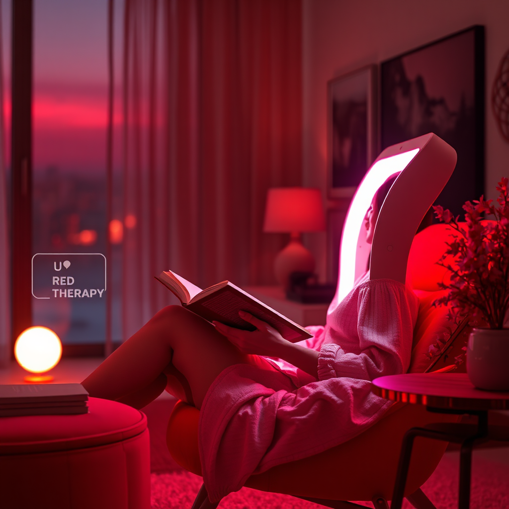 A photorealistic, ultra-high-quality 8K image showcasing the integration of red light therapy into daily life. The scene depicts a modern, minimalist living space bathed in the soft glow of red light emanating from a sleek, portable red light therapy device. A person is comfortably seated, reading a book while receiving therapy. The lighting should be warm and inviting, highlighting the subtle details of the device and the relaxed atmosphere. The color palette consists of warm reds, oranges, and neutral tones. Camera angle: slightly low, angled up to emphasize the person and the device within the environment. Textures should be hyperrealistic, capturing the fine details of skin, fabric, and device materials. Props include a comfortable chair, a book, and a side table. Style reference: Scandinavian minimalism with a touch of futuristic technology.