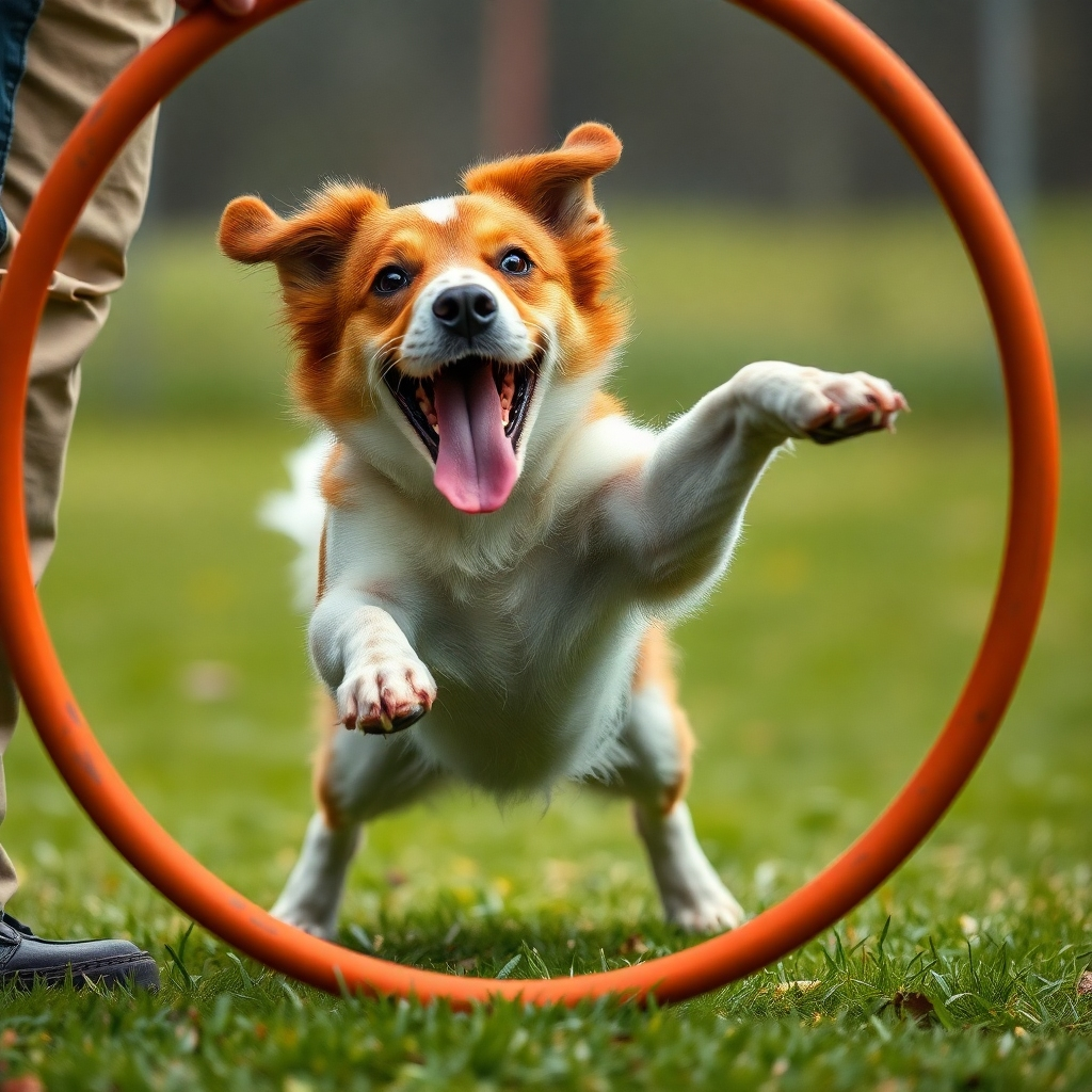 Photorealistic action shot of a dog performing a complex trick, such as weaving through legs or jumping through a hoop. Capture the dog's agility, enthusiasm, and precision. Use a dynamic composition and bright, vibrant colors. Camera angle: low angle, emphasizing the dog's athleticism. Style reference: Energetic and exciting, showcasing the dog's incredible abilities.