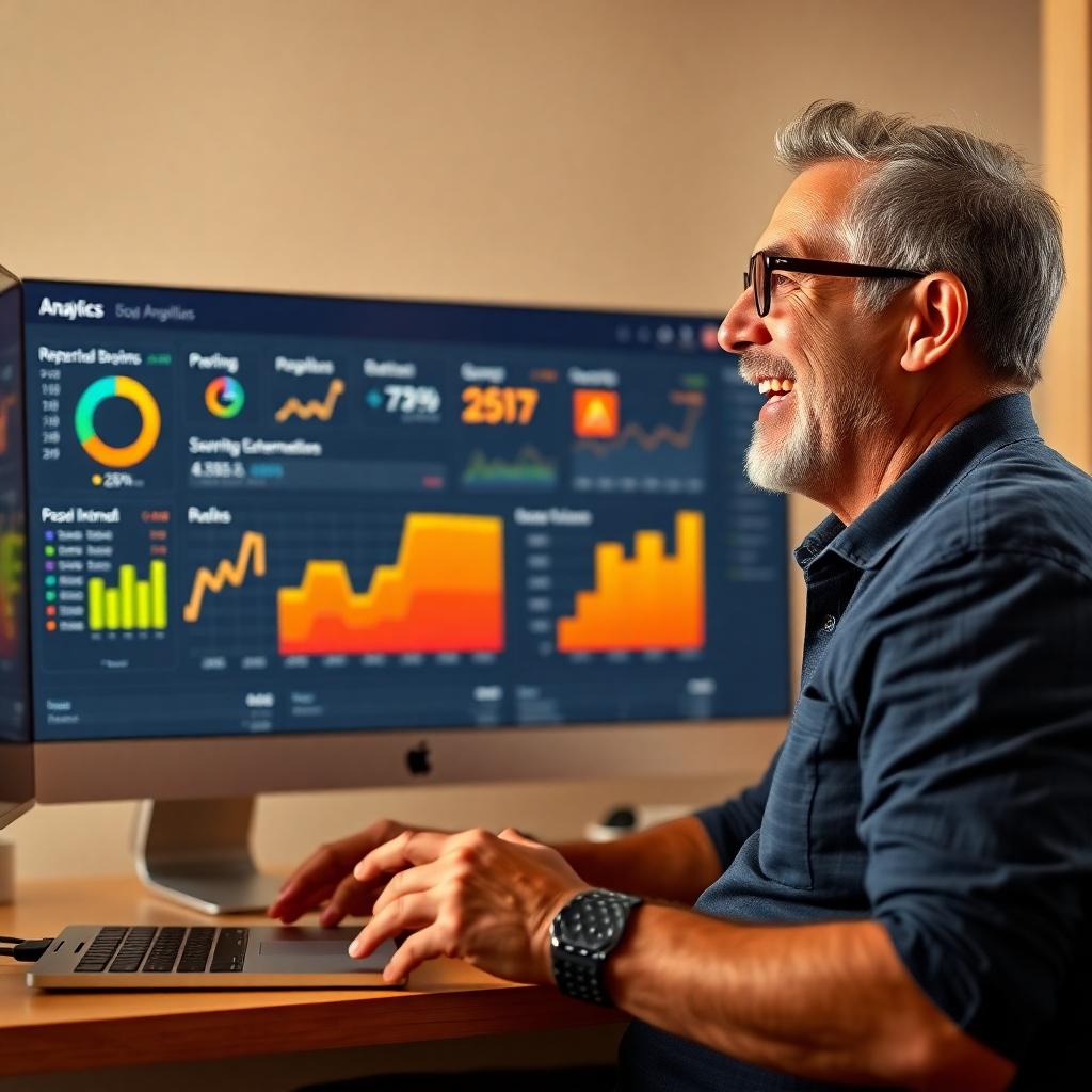  Photorealistic image depicting a veteran happily reviewing an analytics dashboard filled with positive performance indicators, reflecting successful blog monetization. The lighting is warm and inviting, and the background is clean and uncluttered.