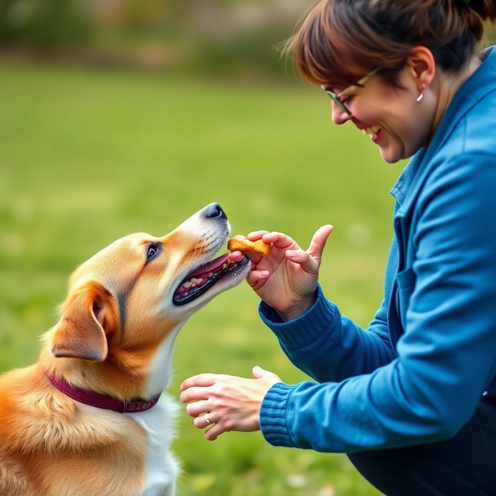 Photorealistic image of a dog trainer rewarding a dog with a treat and enthusiastic praise after successfully performing a trick. Capture the genuine joy and excitement in both the dog's and the trainer's expressions. Use a bright, cheerful color palette and dynamic composition to convey the positive energy of reinforcement. Camera angle: medium shot, focusing on the interaction between the dog and the trainer.