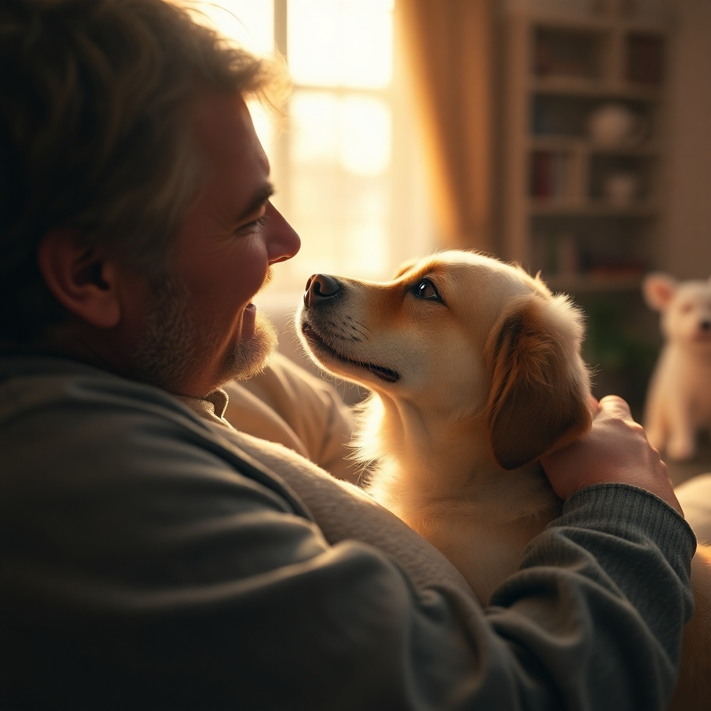 Photorealistic image of a dog and its owner cuddling and looking at each other with affection. The setting is a warm and inviting home environment. Use soft, golden lighting and a close-up camera angle to emphasize the connection between the dog and its owner. Style reference: Intimate and heartwarming, capturing the essence of the human-animal bond.