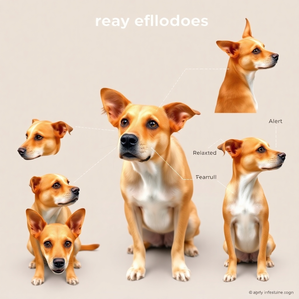 Photorealistic image of a dog exhibiting various body language cues (relaxed, alert, fearful). Include close-ups of facial expressions, tail positions, and ear placements. Overlay the image with subtle annotations highlighting key indicators of the dog's emotional state. Use a neutral background and soft, diffused lighting. Camera angle: varied, capturing different perspectives of the dog. Style reference: Educational and informative, like a page from a canine behavior textbook.