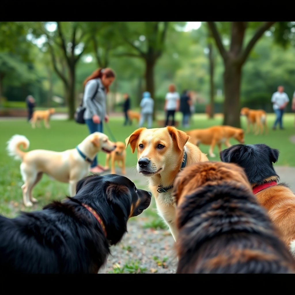 Photorealistic image of a dog calmly and politely interacting with other dogs and people in a park setting. Focus on positive interactions and relaxed body language. Use a natural color palette and soft, diffused lighting. Camera angle: wide shot, capturing the overall social environment. Style reference: Peaceful and harmonious, reflecting a well-socialized dog.