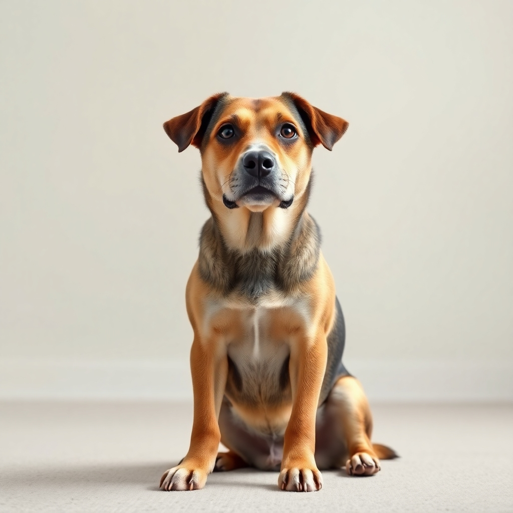 Photorealistic image of a well-behaved dog sitting attentively and looking directly at its owner, waiting for a command. The background is a clean and uncluttered environment. Use soft, natural lighting and a neutral color palette. Camera angle: eye-level, emphasizing the dog's focus and obedience. Style reference: Classic and timeless, like a portrait of a well-trained companion.