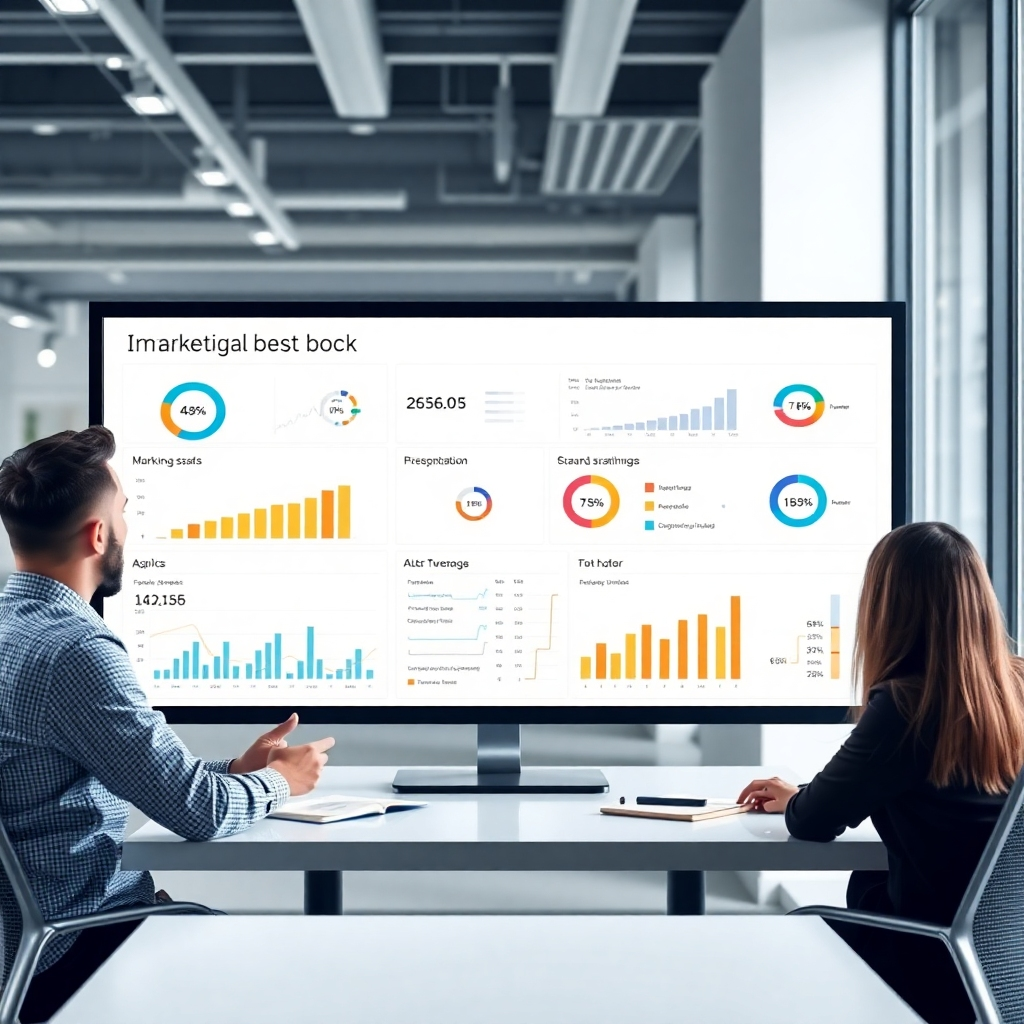 A photorealistic image depicting a dashboard displaying positive key marketing performance indicators (KPIs) and data analysis graphs, with a team reviewing the results in a modern and clean workspace.