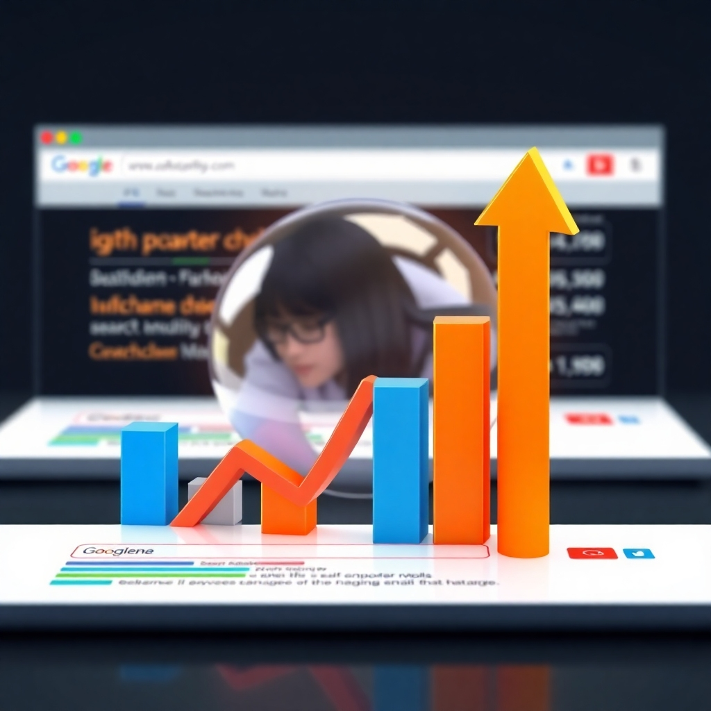 A photorealistic image depicting a high ranking website on various search engine result pages (SERPs). The image should emphasize high visibility and prominent placement on the search results pages