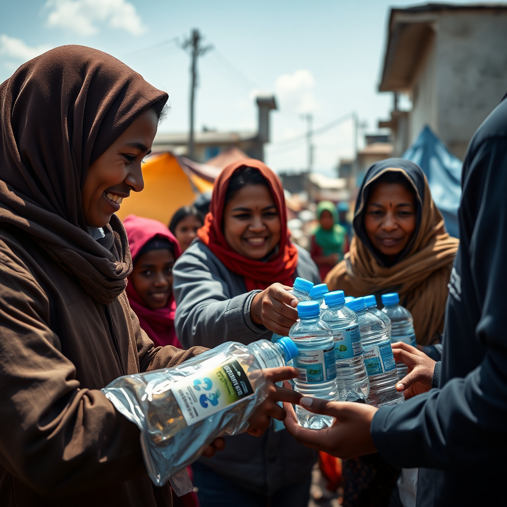 A photorealistic image depicting 'In His Hands Ministries International' volunteers distributing aid (water bottles, food) to people affected by a natural disaster. The background shows the aftermath of the disaster (e.g., damaged buildings, tents). The lighting should be realistic, conveying a sense of urgency but also hope. Focus on the expressions of gratitude on the faces of the recipients. The camera angle should be slightly elevated to show the scale of the scene. Textures should be realistic, showcasing the details of clothing, aid supplies, and the environment. Aim for 4K resolution and a style that conveys empathy and resilience.