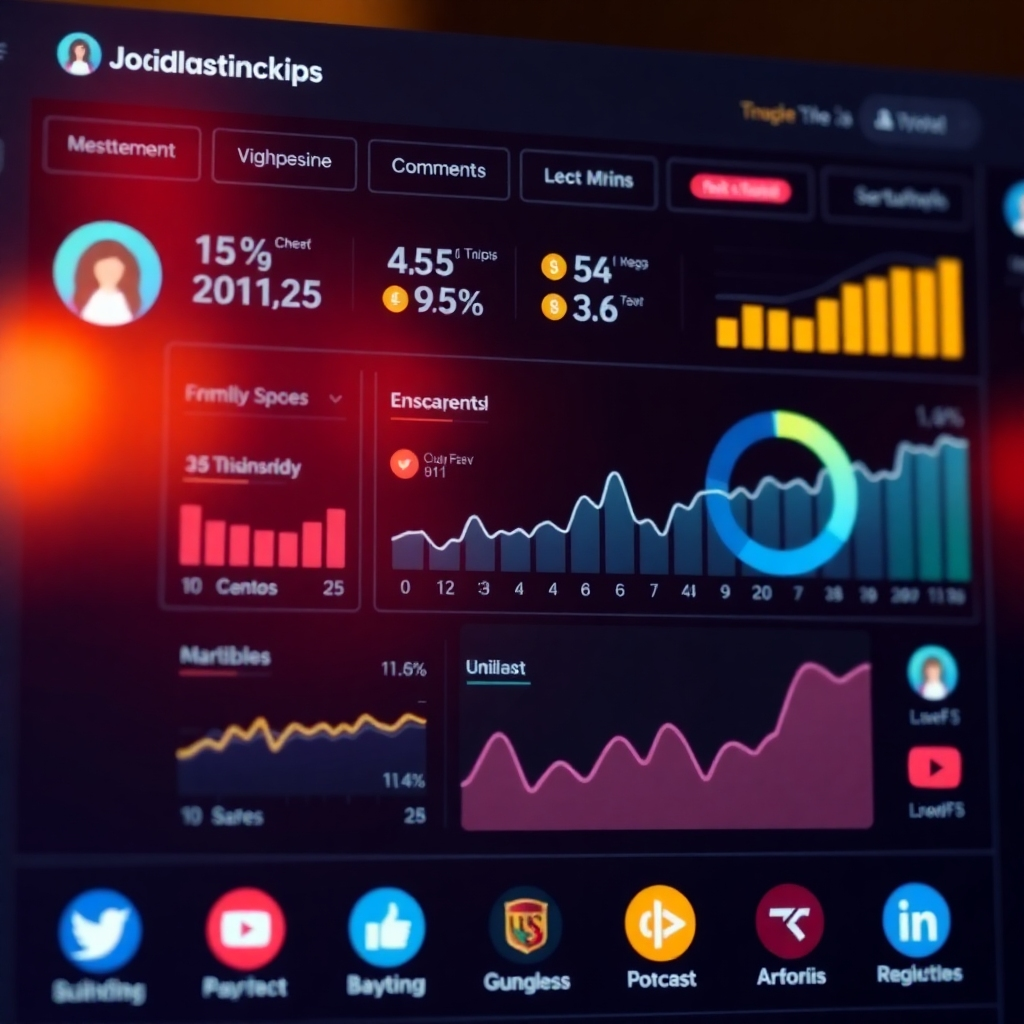 A photorealistic image of a social media dashboard depicting high levels of engagement, including likes, comments, and shares. The image should showcase positive metrics and various social media channels.