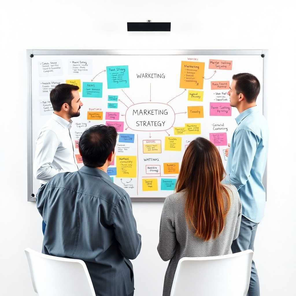 A photorealistic image showing a team brainstorming around a whiteboard covered in marketing strategy diagrams, using bright colors and various visual aids. The style should be clean and modern with professional-looking team members. The image should convey ideas, innovation, and collaboration.