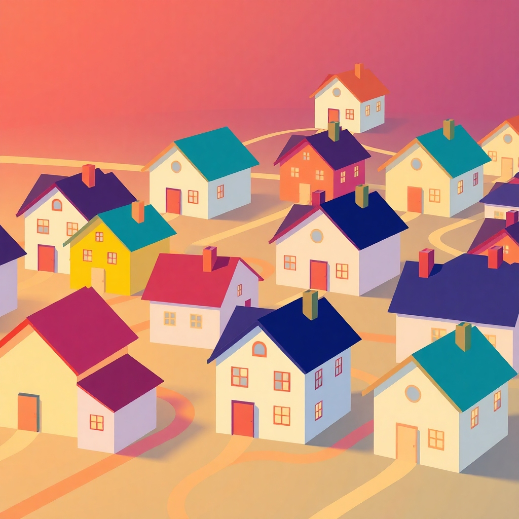 A stylized image, 4K resolution, depicting a network of interconnected houses symbolizing a community of homes. Each home is slightly unique, showing diversity.  Use a soft, warm color palette with bright, optimistic colors. The image should be slightly abstract, conveying a sense of connection and community. The composition should focus on the interconnectedness of the houses, with lines and pathways connecting them. Style references include work by Wassily Kandinsky and Piet Mondrian. The lighting should be soft and even, without harsh shadows. The image should reflect a sense of growth and progress.