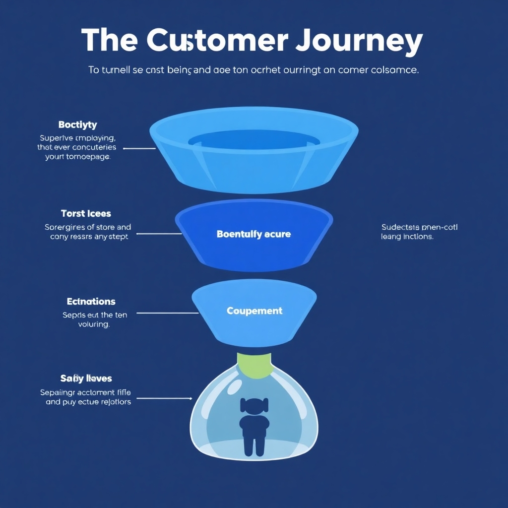 A stylized image of a funnel representing the customer journey, with each stage clearly visually represented. Each stage of the funnel should have a progressively larger volume, symbolizing the increasing conversion rates. The image should convey a feeling of efficiency and effectiveness.