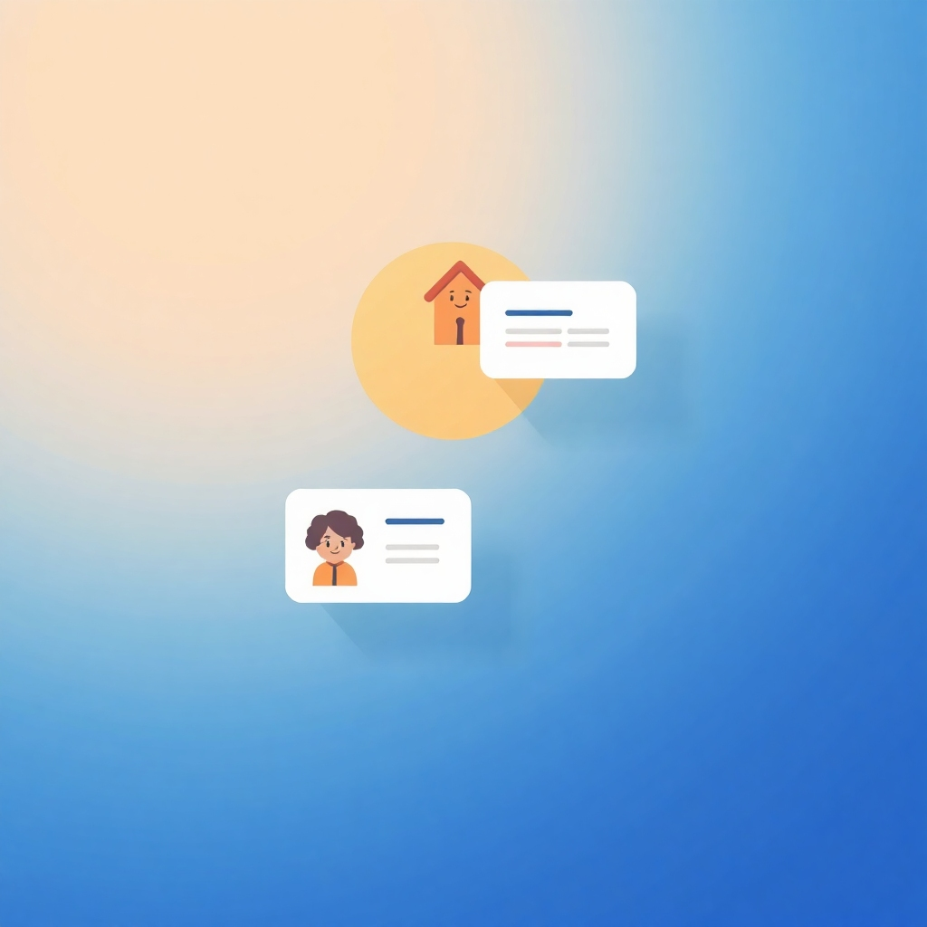 Abstract illustration, 4K resolution:  A visual representation of a user profile with property suggestions popping up. The illustrations use simple, friendly characters and color palette. Style references: Modern UI design. The lighting is well-balanced, creating a positive feel.