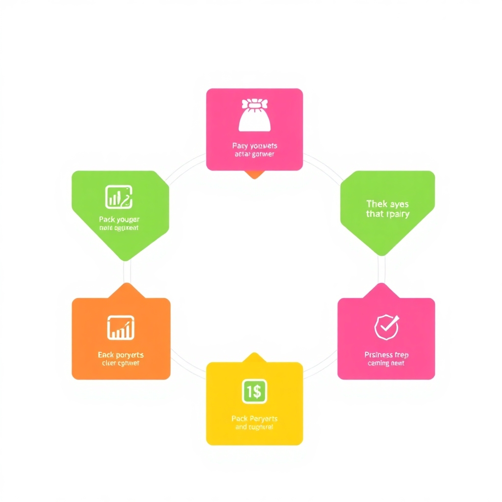 Abstract illustration, 4K resolution: A visual representation of a streamlined buying process using simple icons and arrows representing steps involved. The color palette uses bright, positive colors. Style references: Modern infographic design. Lighting is bright and clear to represent transparency.