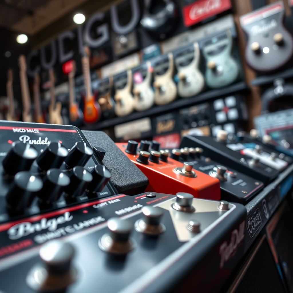 Create a photorealistic close-up image showcasing a display of high-end guitar pedals in a music store, focusing on the brand logos and sleek designs. The lighting is sharp and clean, highlighting the quality of the products.