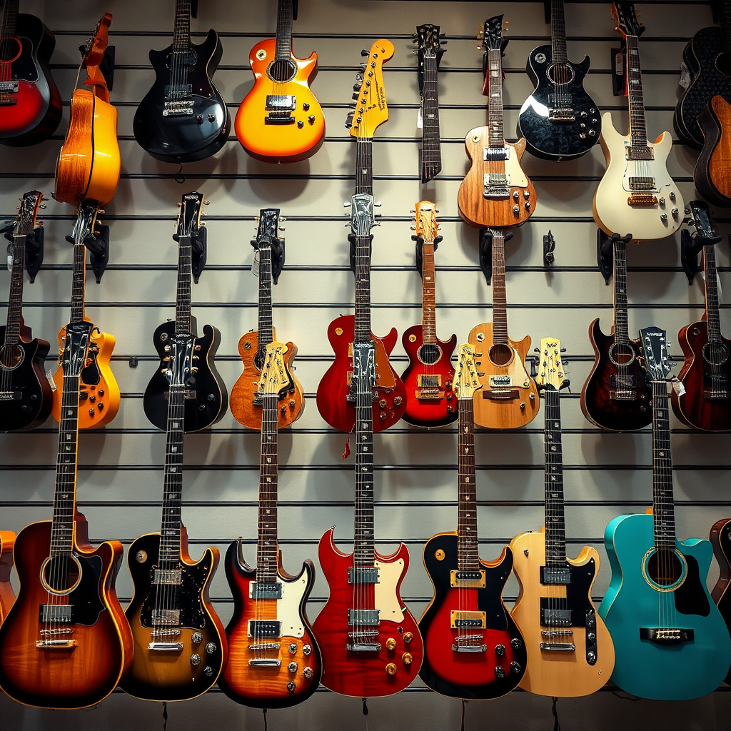Create a photorealistic image of a wall of guitars in a music store. The guitars are arranged artfully, showcasing a variety of shapes, colors, and styles. The lighting is well-balanced to highlight the details of each instrument.