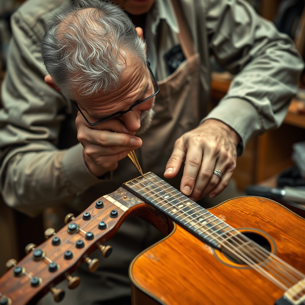 Create a photorealistic image of a luthier working on repairing the neck of a guitar. Focus on the detail of the tools and the precision of the work.