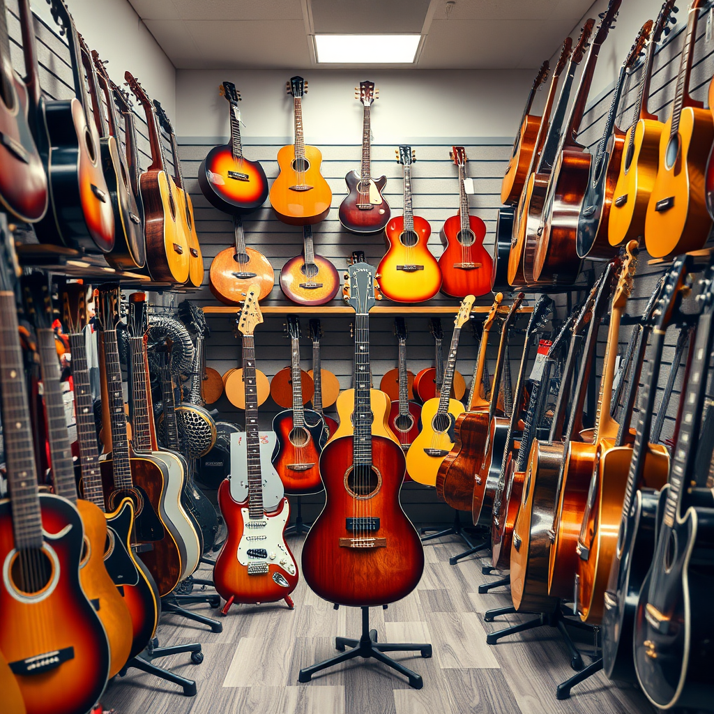 Create a photorealistic image showcasing a variety of musical instruments displayed on shelves and stands in a well-lit music store. Focus on the diversity and quality of the instruments.