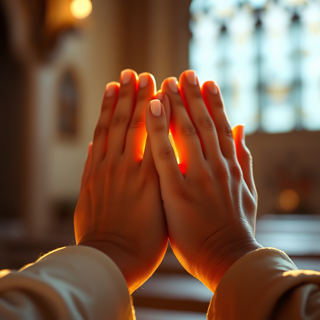 Create a photorealistic image of hands clasped in prayer, bathed in soft, warm light. The background should be blurred and indistinct, perhaps suggesting a church interior or a peaceful outdoor setting. The lighting should be the main focus, conveying a sense of peace and hope. The camera angle should be close-up to capture the details of the hands. Textures should be realistic. The overall style should be serene and uplifting. Resolution: 4K.