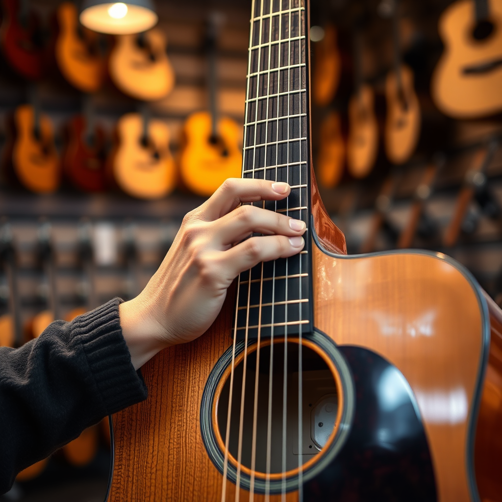 Create a photorealistic image of a hand gently touching the strings of a new acoustic guitar in a well-lit music store. The guitar has a beautiful wood grain finish, and the background is slightly blurred to emphasize the instrument. Soft, warm lighting enhances the textures. Focus on the feeling of connection with the instrument.