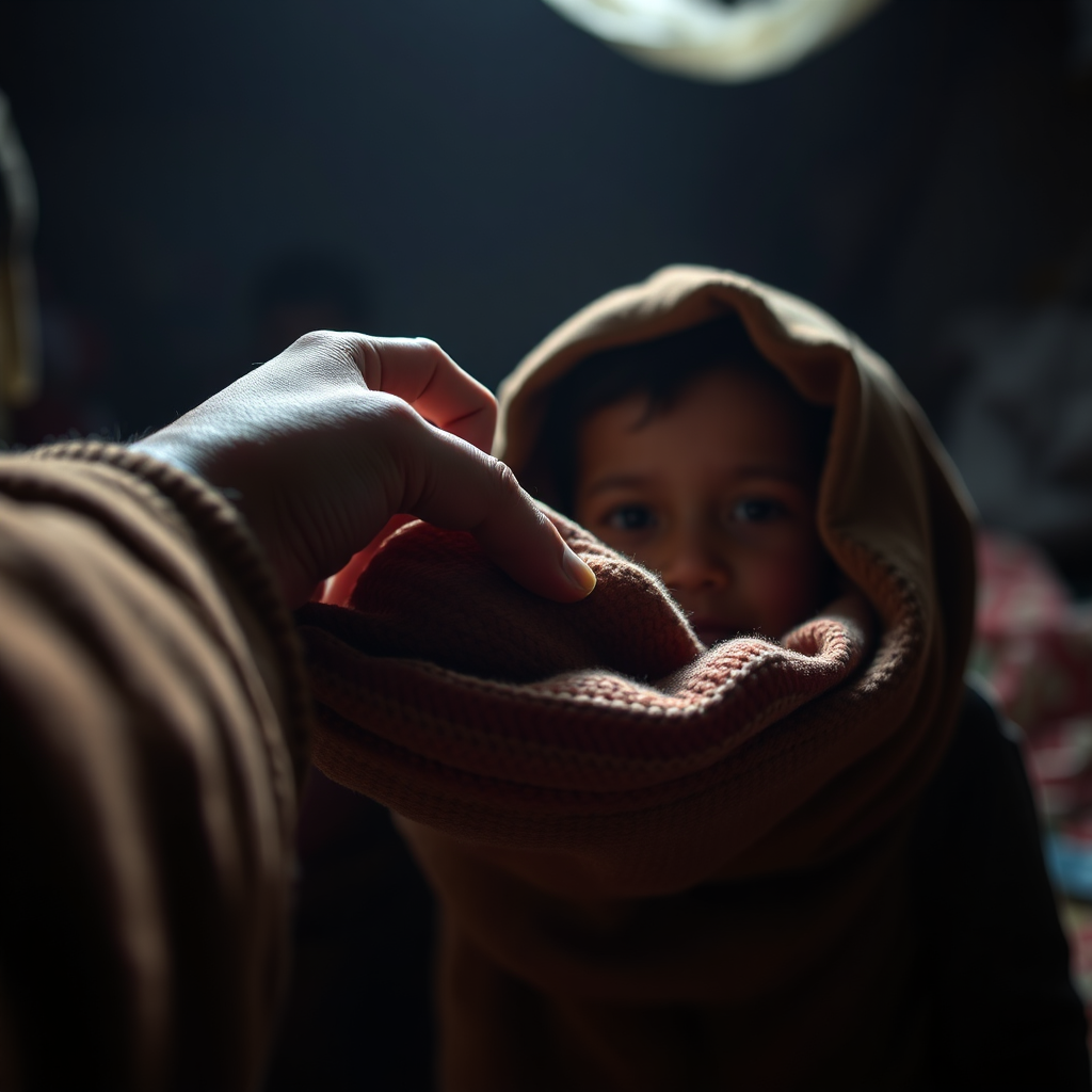 Create a photorealistic image showing a hand gently offering a warm blanket to a child in a dimly lit environment, perhaps during a crisis. The lighting should be soft and focused on the blanket and the child's face, conveying warmth and safety. Focus on the texture of the blanket to emphasize comfort. The background should be blurred to highlight the act of providing essential resources. Use a close-up camera angle to capture the emotion in the scene. The style should be reminiscent of humanitarian photography. Resolution: 4K.