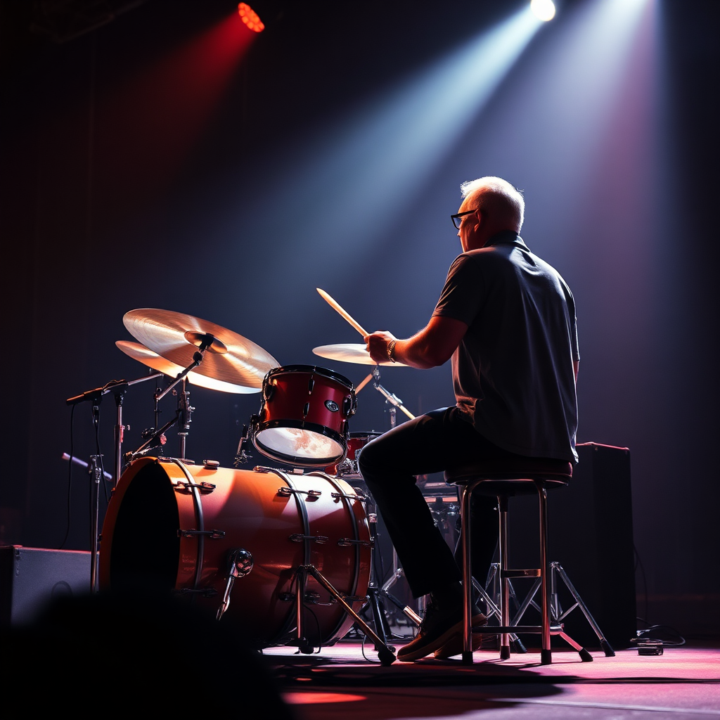 Create a photorealistic image of a drummer performing on a stage, viewed from slightly below. The drum set is well-lit, with highlights on the cymbals. The drummer is in motion, conveying the energy and power of the music.