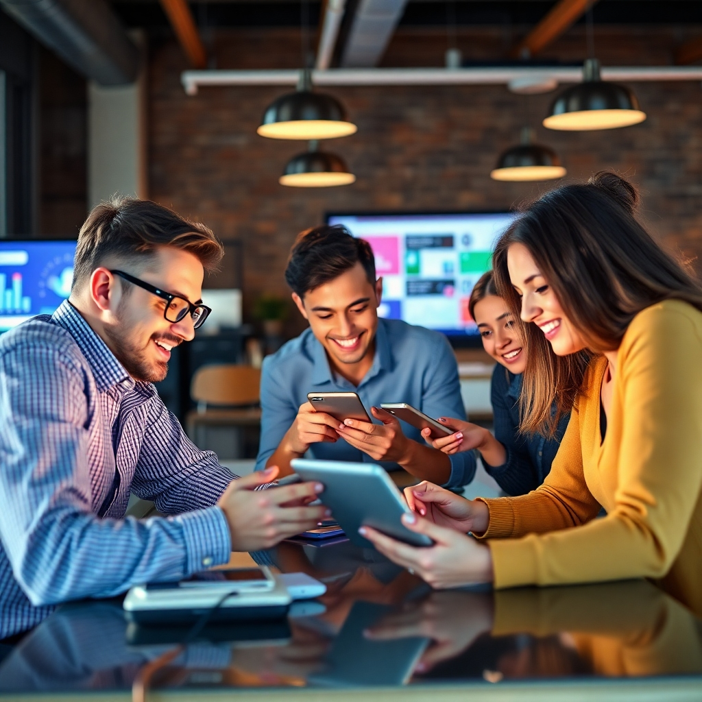 Create a photorealistic image depicting a team working collaboratively on social media marketing campaigns, using multiple devices and a positive and energetic atmosphere. Convey a feeling of collaboration, innovation, and efficiency.