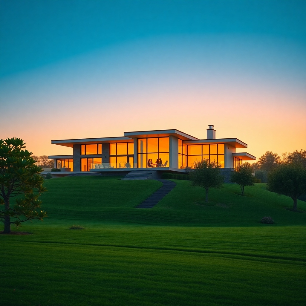 Create a photorealistic, ultra-high-quality 8K resolution image. The image should depict a stunning modern home nestled in a beautiful landscape, bathed in the golden light of sunset. The home should be the central focus, showcasing its architectural details and luxurious features. A family is silhouetted in the windows, suggesting warmth and comfort. In the foreground, there's a well-manicured lawn with trees and flowers, extending to a clear, blue sky.  The lighting is warm and inviting, emphasizing the beauty of the home and its surroundings. The overall color palette is warm and earthy, with soft blues and greens complementing the golden sunset hues. The camera angle should be slightly elevated, providing a panoramic view of the property and highlighting its spaciousness and opulence. Style references include architectural photography by Julius Shulman and landscape photography by Robert Adams. The image should have hyperrealistic textures and details, depicting the subtle textures of the home's materials, the lush greenery of the lawn, and the soft glow of the sunset.