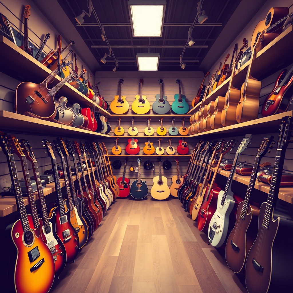 Create a stylized image depicting a diverse array of musical instruments neatly arranged on shelves in a rental section of a music store. Soft, inviting lighting and a clean, organized setting should emphasize the convenience of rentals.