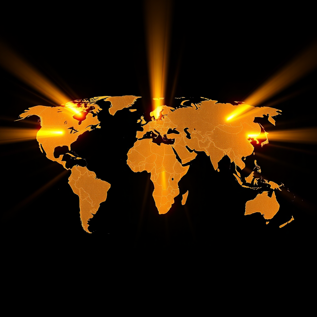 Create a stylized image depicting a world map with radiating beams of light emanating from various points, representing the global reach of 'In His Hands Ministries International's evangelism efforts. Use a warm color palette with golds and oranges to symbolize hope and inspiration. The texture should be smooth and ethereal. The background should be a dark, starry sky. The overall style should be modern and uplifting. Resolution: 4K.
