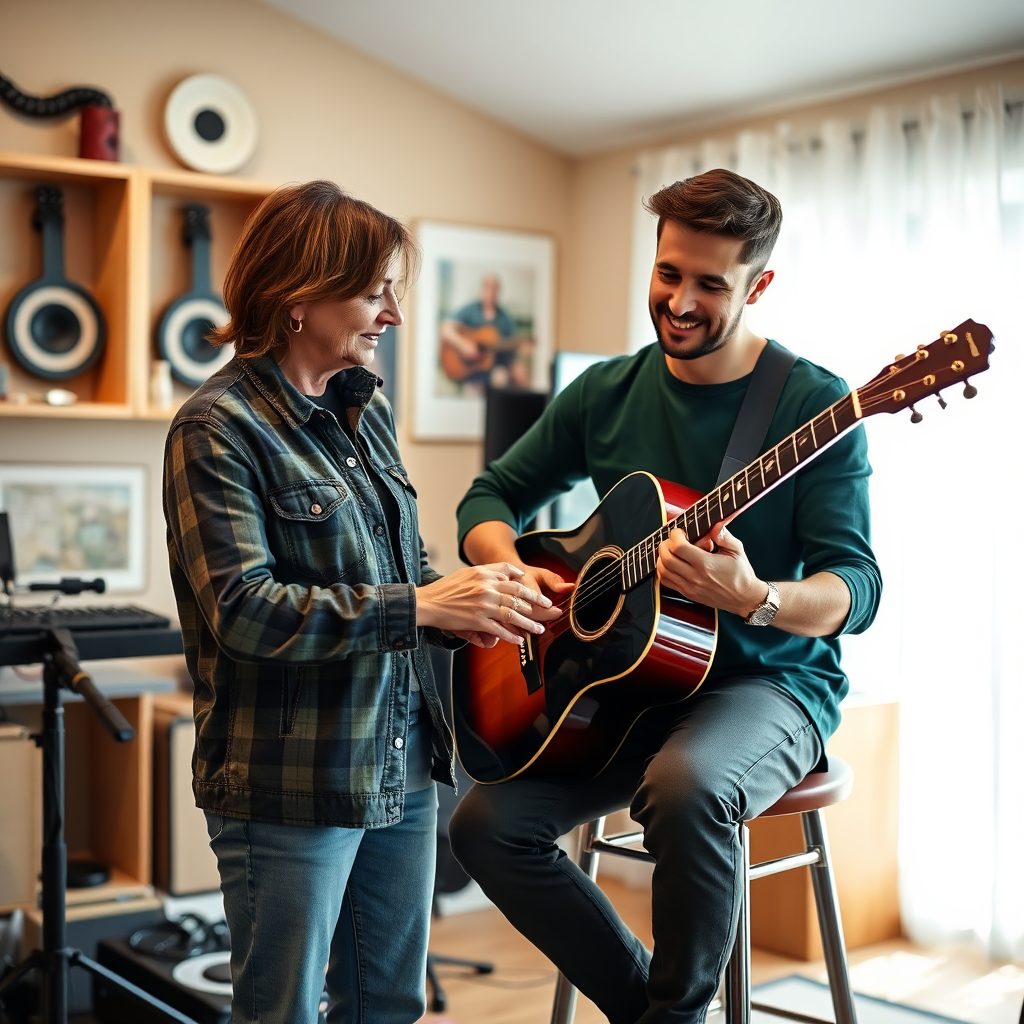 Create a stylized image of a music teacher instructing a student on how to play the guitar. The setting is a comfortable and inspiring music room.