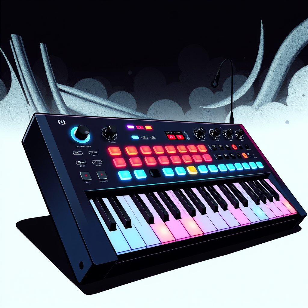 Create a stylized image of a modern synthesizer with glowing buttons and a sleek design. The background is dark and abstract, emphasizing the futuristic nature of the instrument. The style is vibrant and colorful, with a focus on creating a visually appealing composition.